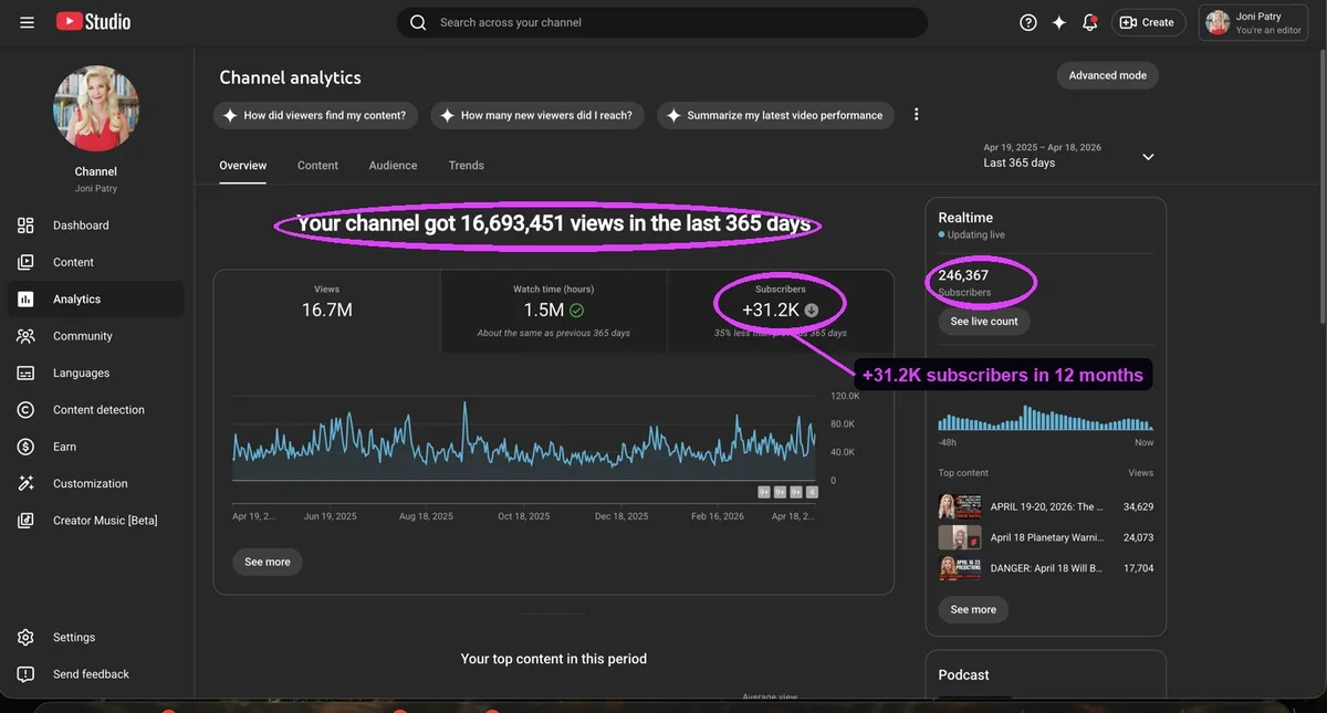 Joni Patry YouTube Studio · 365 days, numbers circled